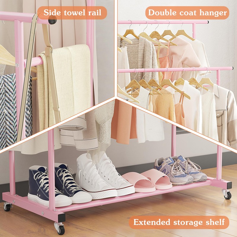 Calmootey Double Rod Clothing Garment Rack,Rolling Hanging Clothes Rack,Portable Clothes