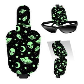 DtuiQSDRV Leather Magnetic Sunglass Holder for Car Sun Visor, Cute Eyeglass Ticket Card Hanger Clip, Universal Auto Interior Accessories for SUV Pickup Truck Green Alien Pattern