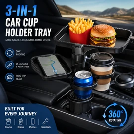 Car Cup Holder Tray for Road Trips – 360° Rotating Expandable Food Table for Snacks & Drinks