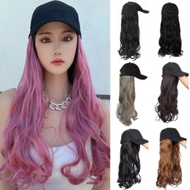 24 Inch Long Curly Wave Wig with Baseball Cap Natural Synthetic Hair Wavy Wigs for Women Cosplay Party Daily Wear Purple Grey