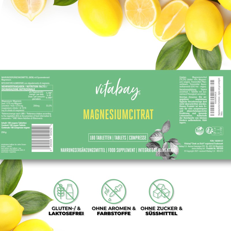 Vitabay hochdosiertes Magnesium Citrate Tabletten VEGAN & LABORGEPRÜFT - 180
