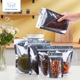 Songio packing Mylar Bags for Food Storage, 100 PCS Clear Front Resealable Bags for Small Business, Food Packing Bag with Side Zipper, Stand Up Foil Back Sealable Bag for Packaging (Silver 5.5x7.9")