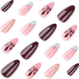 24 Pcs Pink Brown Press on Nails Short Almond Nail Tips,YEFIUO Cute Flowers Fake Nails Press ons Glue on Nails Acrylic Nail Art Kit Full Cover False Nails with Starburst Charms French Design for Ma'am