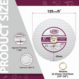 QUEFORET Diamond Cutting Grinding Disc 5 Inch (125mm) - Saw Blade for Dry Cutting and Polishing Porcelain Ceramic Tile Marble Artificial Stone, with a 7/8 to 5/8 Inch Washer for Angle Grinder