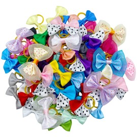 DORUI Dog Bows, Cute Hair Bowknot with Rubber Bands Handmade for Puppy Yorkie Grooming Hair Accessories & Varies Patterns Topknot Bows(70 pcs Upgrade Rubber Bands)