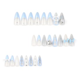 Bow Press on Nails Long Almond Fake Nails 3D Charms Rhinestone False Nails Press ons with Designs Blue Glossy Full Cover Acrylic Glue on Nails Artificial Stick on Nails for Women Manicure 24Pcs