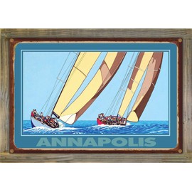 Northwest Art Mall Annapolis Two Sailboats Rustic Metal Print on Reclaimed Barn Wood from Watercolor by Artist David Linton 11.5" x 17.5"