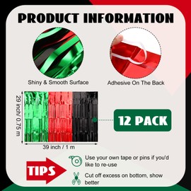 Zeyune 12 Pack Black History Month Table Skirt Decorations 29 x 39 Inch Black Red Green Metallic Foil Fringe Tinsel Table Skirts Juneteenth Table Decorations for Kwanzaa Party Supplies