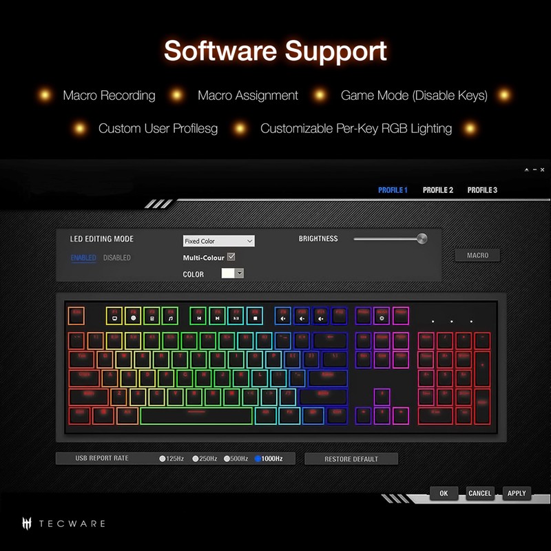 TECWARE Phantom+ Elite 87 Key RGB Mechanical Gaming Keyboard, LED
