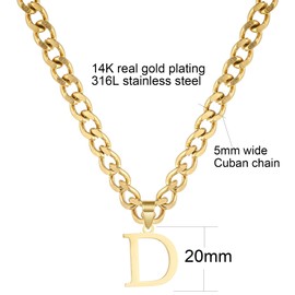 Gold Initial Necklace for Women Men Teens, 14K Gold Plated Stainless Steel Letters with 5mm Wide Cuban Chain Necklace, Capital Monogram Necklace Alphabets from A-Z (chain length: 22", D, gold)