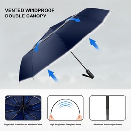 ZUOYOUZ Windproof Travel Umbrella,10 Ribs Folding,Lightweight,Sturdy,Strong and Automatic Vented Double Canopy Easy Automatic Open/Close Reflective Strip Umbrella for Men & Women