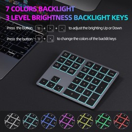 Doohoeek Backlit Bluetooth Numeric Keypad for Laptops and Computers, Number Pads 34 Keys with 7-Color Backlight for MacBook & Windows, Gray