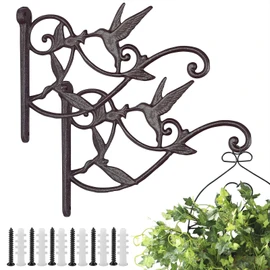 2PCS Plant Hangers Outdoor Plant Hooks for Wall/Fence, Hummingbird Hanging Plant Bracket Heavy Duty Cast Iron Plant Hanger for Lantern/Bird Feeder, Drak Brown