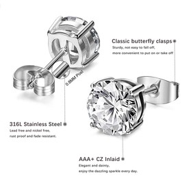 Minnario 5 Pairs Stud Earrings Set, Hypoallergenic Cubic Zirconia 316L Earrings Stainless Steel 14K White Gold CZ Earrings