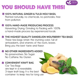 FreshDrinkUS, Premium 55 Ginger Tulsi Tea Bags, 100% Natural, Hand-made Blend of Ginger and Tulsi Holy Basil Leaves, Eco-conscious Tea Bags. Ginger Tulsi Herbal Tea. No Sugar, No Caffeine, Vegan.