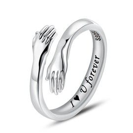 LOVECOM S925 Sterling Silver Hug Rings for Women Adjustable Hugging Hands Open Ring for Men Promise Rings Jewelry Birthday Mothers Day Gifts for Dad Mom Wife Daughters Grandma Best Friend (I love you forever, US Size 6)