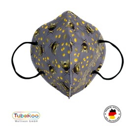 TubeRoo FFP2 Mask, Grey, Dark Grey, Yellow Bumble Bee Motif Pattern, Pack of 10 Masks from Germany, Made in Germany, Soft Round Ear Loop Bands, Respirator Mask, Mouth Guard, Protective Mask, Allergy