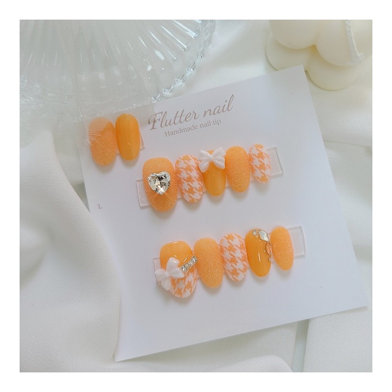 Orange Lovely Hound Check Handmade Nail Tips - Petit Round