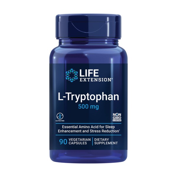Life Extension L-Tryptophan 500 mg – L-Tryptophan Supplement for Healthy Sleep and Stress Response Support – Gluten-Free, Non-GMO, Vegetarian – 90 Capsules