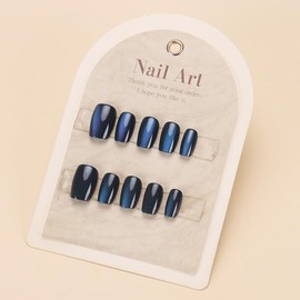 30Pcs Blue Press on Nails Short Square Fake Nails Cat Eye Acrylic Nails Dark Blue Ombre False Nails Full Cover Glue on Nails Glossy Stick on Nails for Women Girls Manicure Art