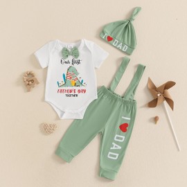 XIXIMAON My First Father’s Day Baby Boys Outfit Short Sleeve Animal Print Bow Tie Romper Suspender Pants Set with Hat Infant Summer Gentleman Clothes (Green, 3-6 Months)