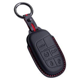Genuine Leather Smart Key Fob Case Cover Protector Compatible with for Jeep for Grand Cherokee Renegade Chrysler 200 300 Dodge RAM Durango Charger Challenger Hornet Journey Dart Fiat (5-Button, Black)