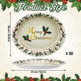 Yungyan 50 Pcs Christmas Holly Oval Paper Plates 10" x 12" Disposable Holly Berries Serving Dish Vintage Tableware Plates for Candy Cookie Winter Xmas Gatherings Holiday Party Decor Supplies