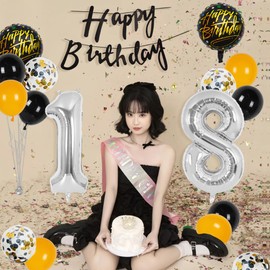 Silver 18th Birthday Decorations Party Supplies-Black Happy 18th Birthday Banner Latex and Confetti Balloons Paper Honeycomb Balls Huge Number 18 Balloons for Girls,Women,Men,Photo Props 18th Birthday