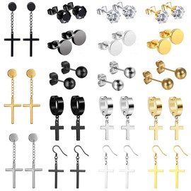 Cupimatch 18 Pairs Hook Huggie Hinged Hoop Cross Dangle Earrings Set, Unisex Stainless Steel Studs CZ Earrings for Women Men