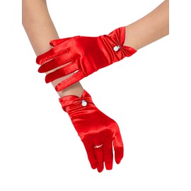QRBTSCL Women's Short Satin Gloves for Wedding Wrist Short Evening Party Dressy Bridal Satin Gloves with Pearl Red