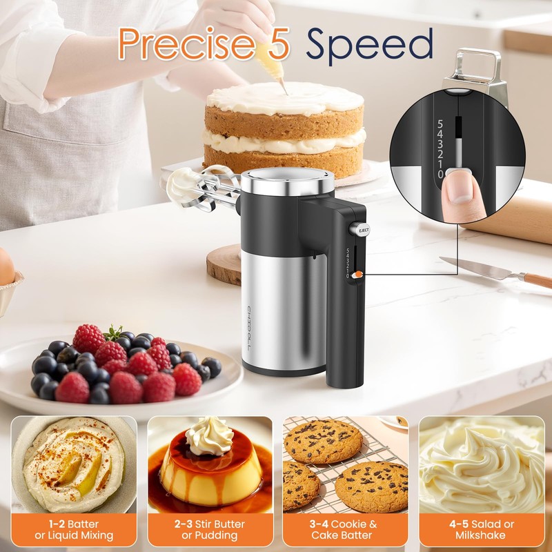 Powerful 600W Hand Mixer, 5-Speed Electric Hand Held Mixer for