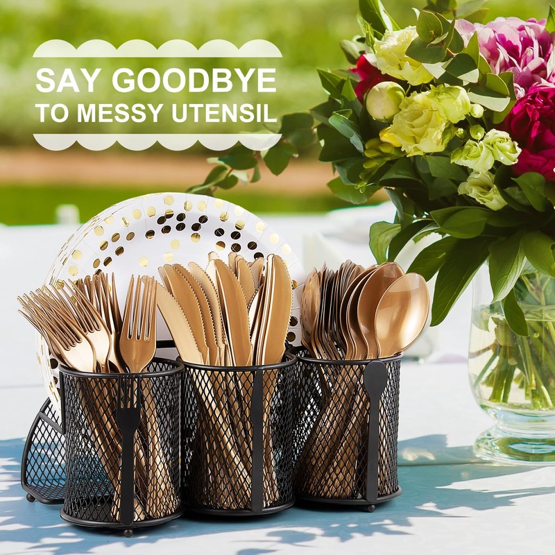 DTICON Metal Utensil Caddy Silverware Organizer, Paper Plate Holder Cutlery