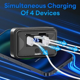 4 Port USB C Charging Socket, 66W Car Charger Socket with LED Display and ON/Off Button,Dual 18W QC3.0 & 30W PD Type C Quick Charge Socket Outlet for 12V/24V Motorcycles,Boats,Marine,RVs