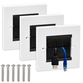 Brush Wall Plate, ADERTOS 3 PCS Cable Passthrough Wall Outlet, Wall Mounted Brush Faceplate, Single Gang Cable Access Strap, Tidy Cable Pass Through Insert, Standard White Wallplate with Black Brushes