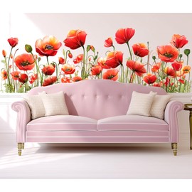 VePret Large Flowers Wall Decals Peel and Stick, Red Floral Poppies Buds Wall Stickers, Removable Watercolor Vinyl Home Decor Art for Bedroom Living Room Classroom Office