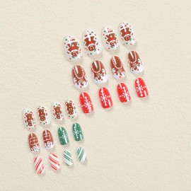 Christmas Press on Nails Short Almond Fake Nails Gingerbread Man Glue on Nails Cute Design Glossy False Nails Xmas Stick on Nails Full Cover Acrylic Nails Reusable Artificial Nails for Women 24Pcs