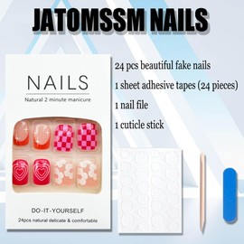 Short Square Press on Nails Pink Fake Nails French Tips False Nails with Rainbow Colorful Flower Heart Lattice Pattern Summer Acrylic Stick on Nails Artificial Glue on Nails for Women & Girls 24Pcs