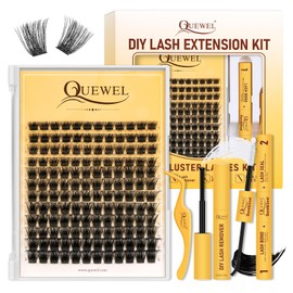 QUEWEL DIY Lash Extension Kit, 144pcs Lash Clusters with Lashes Bond and Seal Waterproof, Eyelash Clusters Applicator Tool, Cluster Lashes Glue Remover for Natural Look DIY At Home(ZS-FD-kit)