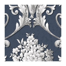 CONCORD WALLCOVERINGS ™ Textured Wallpaper Damask Featuring Flowers Vines, Blue Gray, 21 in x 33 Ft (56 sq. ft), CS35627