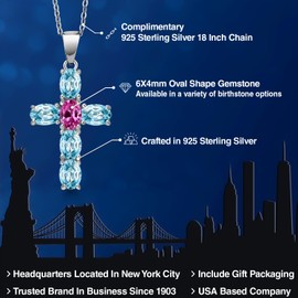 Gem Stone King 925 Sterling Silver Blue Zircon and Pink Created Sapphire Cross Pendant Necklace for Women | 3.75 Cttw | Gemstone Birthstone | Oval 6X4MM | With 18 Inch Chain