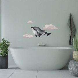 Orca Multicolored Decoration Large Fish & Clouds Cartoon Design Vinyl Kids Bedroom Bathtub Wall Decal Sticker - 22" x 36" Adhesive Home Living Room Art Killer Whale Sea Animal Wall Decor