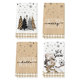 Artoid Mode Brown Buffalo Plaid Snowman Xmas Trees Christmas Kitchen Towels Dish Towels, 18x26 Inch Hello Winter Decoration Hand Towels Set of 4
