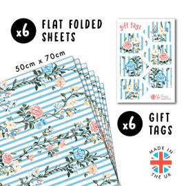 Blue And White Wrapping Paper - Striped Pattern - 6 Sheets Of Gift Wrap - Vintage Floral Wrapping Paper For Women - Comes With Stickers - Recyclable - By Central 23