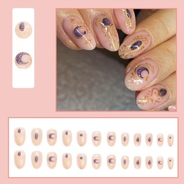 Naizcio 24 Pcs Press on Nails, Star Moon Totem Design, Full Cover Glossy False Nails with Adhesive Tabs & Nail File for Women & Girls