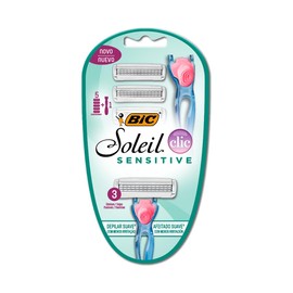 BIC Rastrillo Soleil Clic Sensitive Cartuchos Recargables Mango de Plástico Reciclado Cabeza Móvil y Banda Lubricante con Aloe Vera y Aceite de Almendra para Piel Sensible 1 Mango + 5 Cartuchos