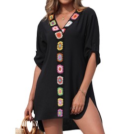 BMJL Womens Beach Cover Up V Neck Boho Bathing Suit Beach Dress Crochet Flowers Swimsuit Swimwear Coverups(L,Black)