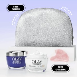 Olay Moisturiser Gift Bag, Womens Skin Care Gift Sets & Kits, Retinol 24 Night Cream 50ml & Collagen Peptide 24 Face Cream 50ml for Smooth & Glowing Skin, Free Make Up Bag & Gua Sha