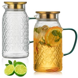Buaic Glass Pitcher with Lid, 2 PACK 68 oz/2L Liter Vintage Water Pitcher, Clear Borosilicate Glass Water Carafe for Cold Brew, Coffee, Lemonade, Iced Tea,Beverage, Heat Resistant Water Glass Jug