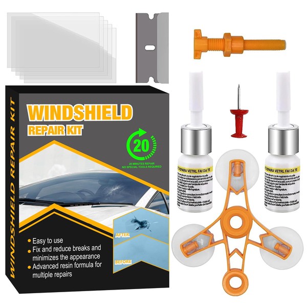Pro-Lift Windshield Repair Kit with Pressure Syringes, for Repair Half-Moon Cracks, Cobwebs, Star-Shaped Damage, Long Line Crack, yellow