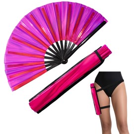Hasina Large Rave Folding Hand Fan with Leg Strap, Bamboo Clack Handheld Fan for Men Women, Laser Design for Club, Disco, EDM, Festival, Party, Dance and Home Decoration (Rose Red)